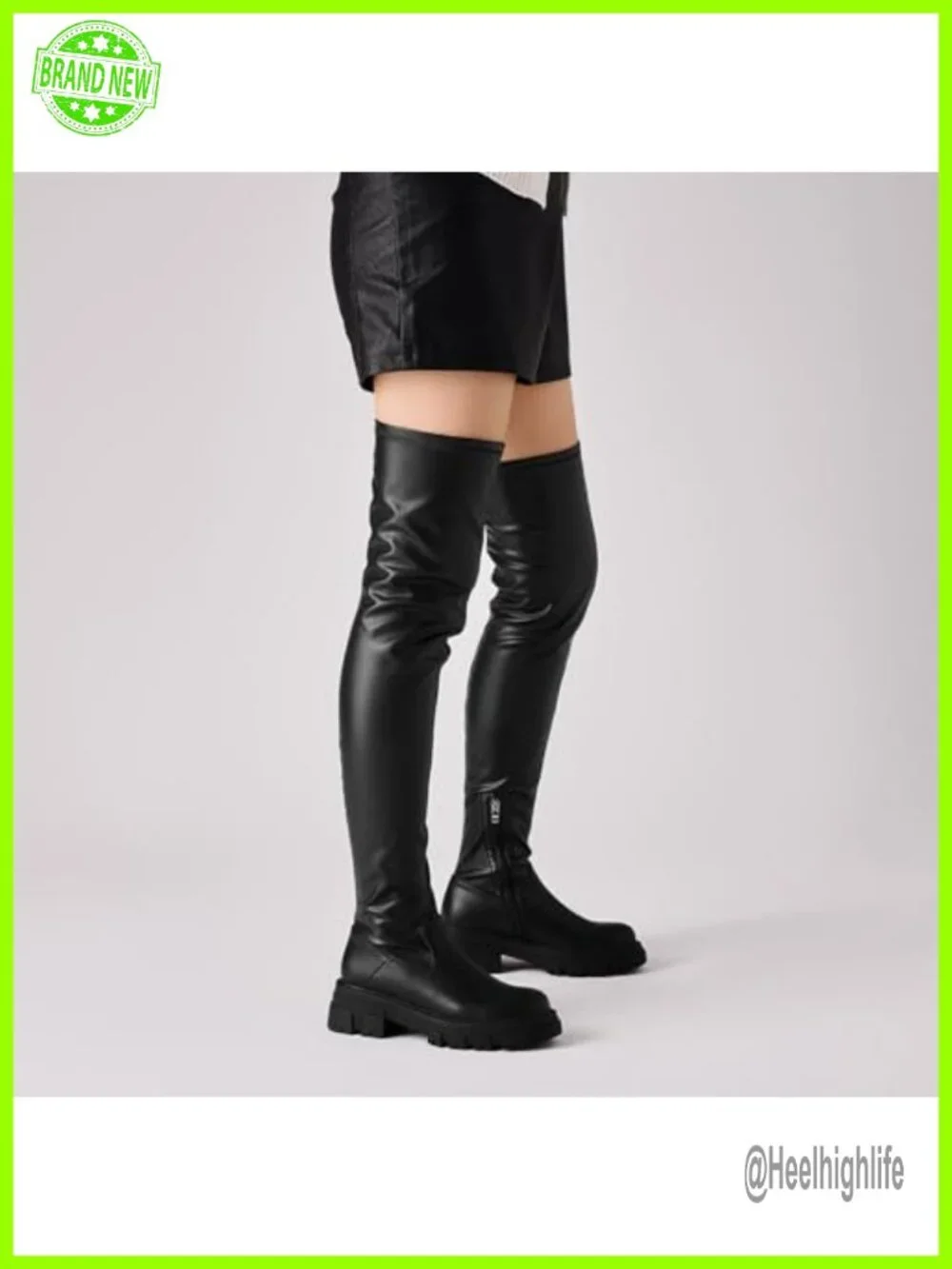 Stretchy Faux Leather Thigh High Platform Lug Sole Boots